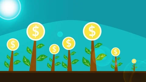 Stylized animation of coin-topped trees growing from soil under a bright sun Vidéo 334954307
