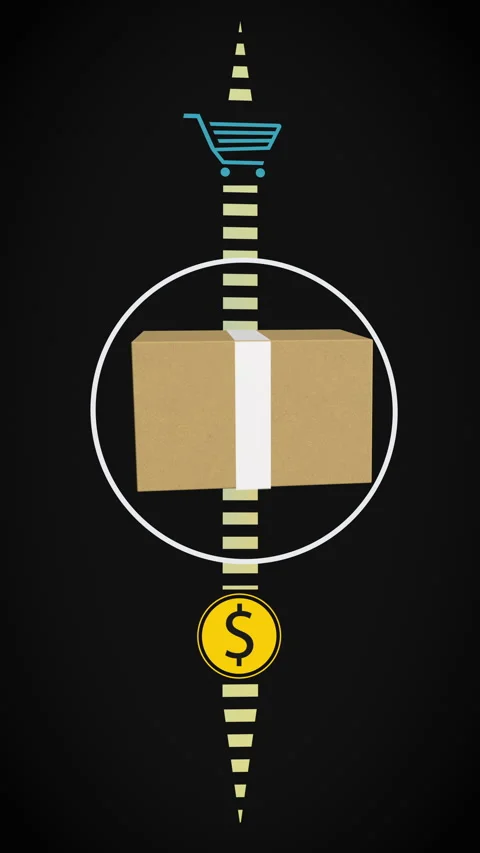 Stylized animation showing a product box moving along a value chain from Stock Footage 328703543