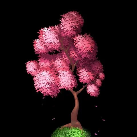 Stylized Anime Cherry Blossom Tree with Falling Pink Petals on Isolated Black Vidéo 334735838