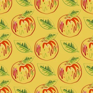Stylized Apple seamless pattern. Trendy red apple with green leaf. vector art Stock Illustration