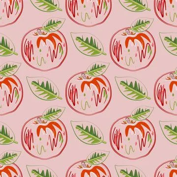 Stylized Apple seamless pattern. Trendy red apple with green leaf. vector art Stock Illustration
