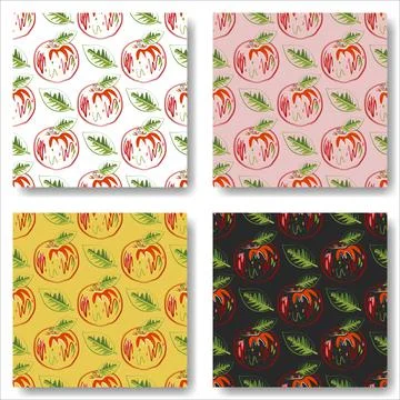 Stylized Apple seamless pattern. Trendy red apple with green leaf. vector art Illustrazione stock