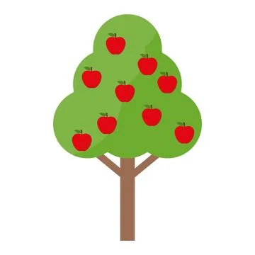 Stylized apple tree with brown trunk, green canopy, and nine red apples evenly Ilustração Stock