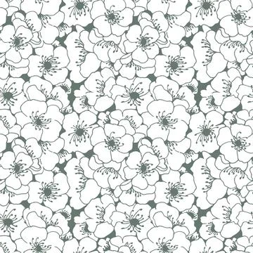 Stylized apple tree flowers line art seamless pattern. イラスト素材