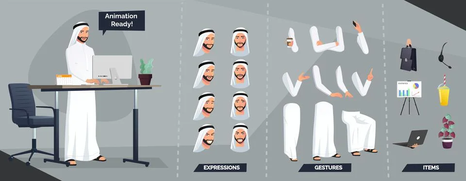 Stylized Arab Muslim Man Character Creation with Traditional Saudi Cloths and Stock Illustration