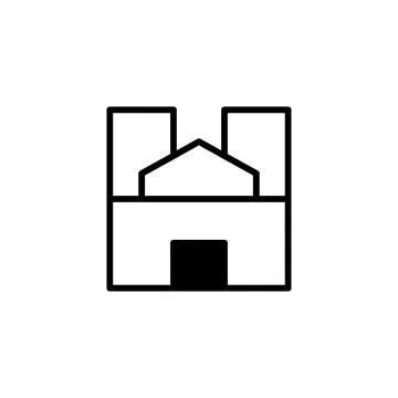 Stylized architectural depiction featuring blocky forms and a prominent cen.. Ilustración de archivo