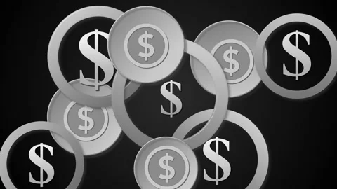 Stylized arrangement of overlapping circular coins and rings with dollar si.. Stock Footage 334760861