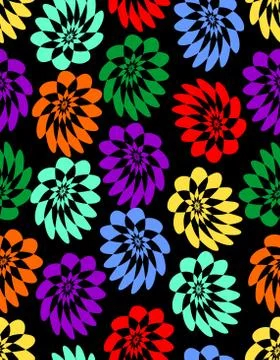Stylized asymmetrical simple flowers in different vivid colors on black Stock Illustration