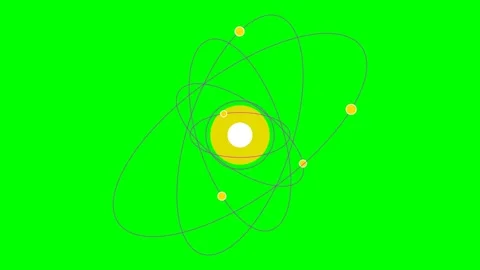 Stylized atom model with a central nucleus and orbiting electrons on green Video stock 340903718