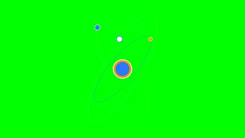 A stylized atom model with a central nucleus and orbiting particles on green Stock Footage 341839115
