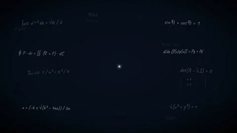 A stylized atom model floats in the center of a dark blue space filled with.. Video stock 345453748