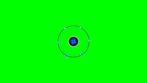 A stylized atomic model featuring a central blue square on a bright green Stock-Footage 340903347