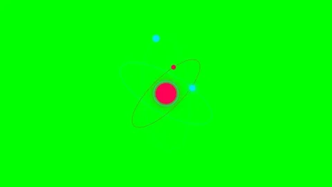 A stylized atomic structure model featuring a central red nucleus and electro Video stock 340904374