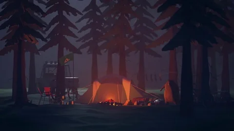 Stylized bear character in campsite Stock Footage 76417414