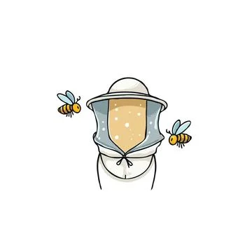 Stylized beekeeper illustration with protective gear amidst buzzing insects.. Stock Illustration