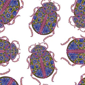 Stylized beetles decorated with folk art floral patterns. Elegant insects. Se Stock Illustration
