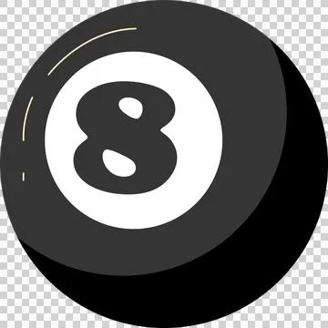 Stylized billiard eight ball is floating on transparent background, showing flat Stock Illustration