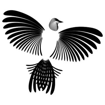 Stylized bird. Head, wings, tail. Black and white. For logo, design element.  Stock Illustration