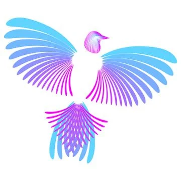 Stylized bird. Head, wings, tail. Pink and blue colors. For logo, design elem Stock Illustration