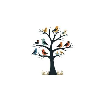 Stylized birds perched on a whimsical tree create a peaceful nature inspire.. Stock Illustration