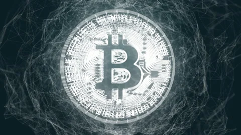 Stylized Bitcoin coin rotating on dark background. Concept of cryptocurrency Stock Footage 155041371