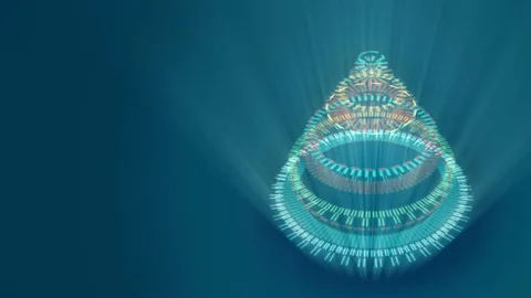 Stylized bizarre Christmas tree, blue background, yellow mechanical wheels. 動画素材 83386951