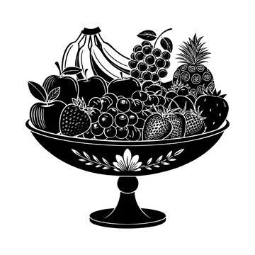 Stylized black and white of a fruit bowl filled with assorted fruits still .. Stock Illustration
