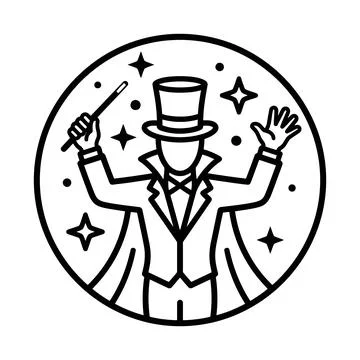 Stylized black and white line art illustration of a magician wearing a top .. Stock Illustration