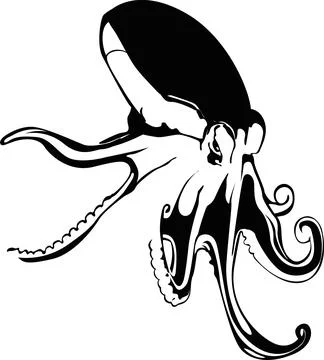 Stylized Black and White Octopus Silhouette, Marine Life Illustration Stock Illustration