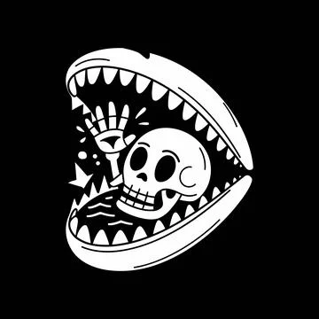Stylized Black and White Skeleton Art Within Surreal Mouth Illustration Stock Illustration
