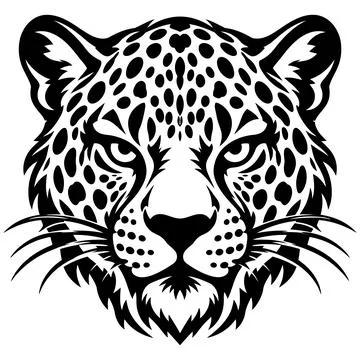 Stylized black and white vector illustration of a majestic leopard head fea.. Illustrazione stock