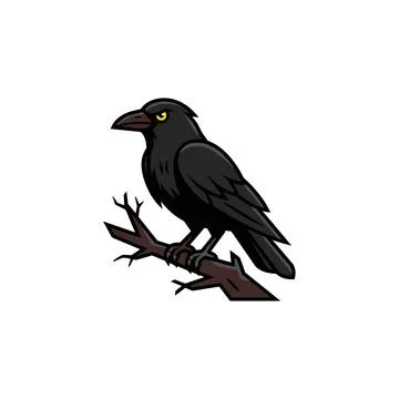 A stylized black crow with a yellow eye sits on a dark brown branch. Isolated Stock Illustration