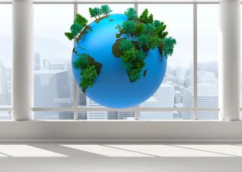 Stylized blue 3D Earth globe is floating before floor-to-ceiling windows with Stock Illustration