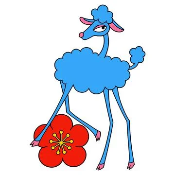 Stylized Blue Alpaca with Red Flower Stock Illustration