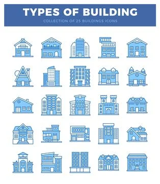 Stylized blue building icons on a white background with title. Ilustración de archivo