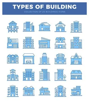 Stylized blue building icons on white background. abstract concept. Ilustración de archivo