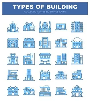 Stylized blue building icons on a white background with a blue header. Ilustración de archivo