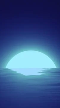 Stylized blue gradient scene of a large glowing sun rising over calm waves, m 스톡 일러스트