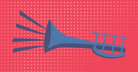 Stylized blue horn emitting angular sound-wave bars in red dotted field, vector 스톡 일러스트
