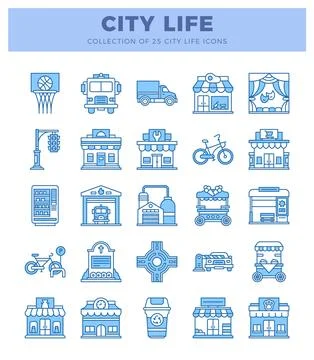 Stylized blue line icons representing city life elements. Stock Illustration