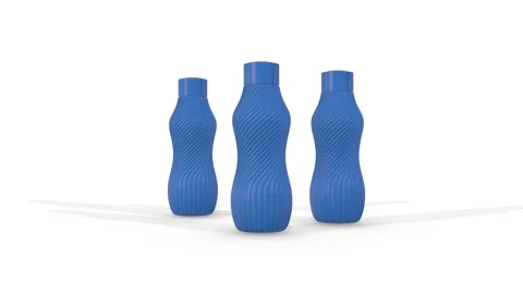 Stylized Blue Plastic Bottles on a White Floor. 3D Plastic Bottles. 4K Stock Footage 328944061
