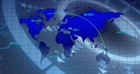 Stylized blue world map animating curved trade arcs when numeric labels update, Stock Footage 330331337