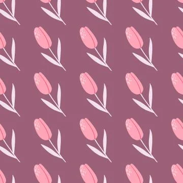 Stylized botanic seamless flower pattern. Tulip pink silhouettes on purple li Illustrazione stock