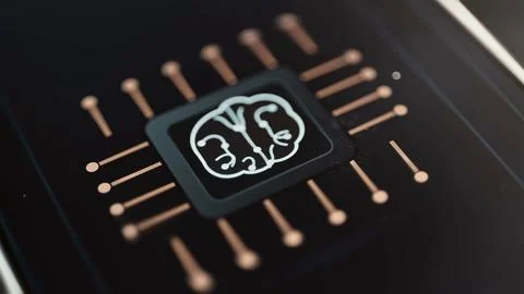 Stylized brain glows on a dark microchip surrounded by copper circuit contacts Stock Photos