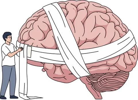 Stylized brain graphic is wrapped with a white bandage by a person, conveying Stock Illustration