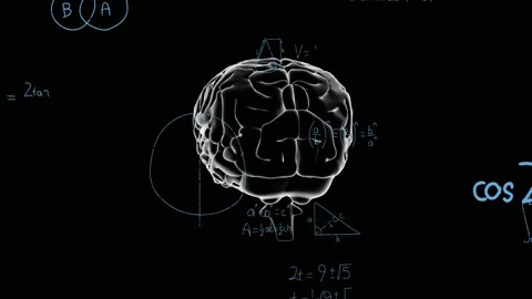Stylized brain rotating as frames progress, adding ring, triangle, formulas, Stock Footage 333833463