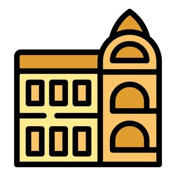 Stylized building with arched tower and square windows representing urban a.. Stock Illustration