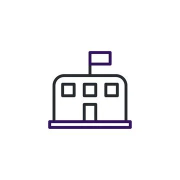 Stylized building icon with flag showcasing minimal design elements for ver.. Ilustración de archivo