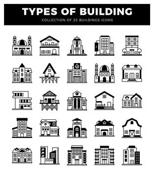 Stylized building icons in a grid formation. Ilustración de archivo