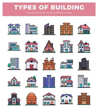Stylized building icons in a grid layout on a white background. Ilustración de archivo